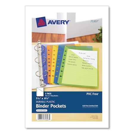 Avery Small Binder Pockets, 7-Hole Punched, Assorted, 5 1/2 x 9 1/4, PK5 75307